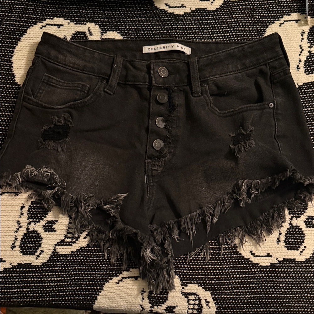 Size 7/28 Celebrity Pink High Rise Button Fly Charcoal Distressed Jean Shorts